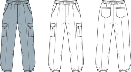 Cargo pants fashion flat sketch, technical drawing front and back view, elastic waistband, ankle cuffs, utility pockets, apparel design template, garment construction illustration