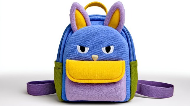 A stuffed rabbit backpack with a yellow pocket. The rabbit is angry and has a frown on its face