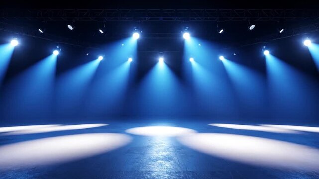 Empty Stage with Blue Spotlight Lighting, Event Space, 3D Render