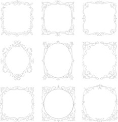Obraz premium Ornate decorative frame icon set with floral scrollwork, vintage embellishments, oval, circular, and square outline designs