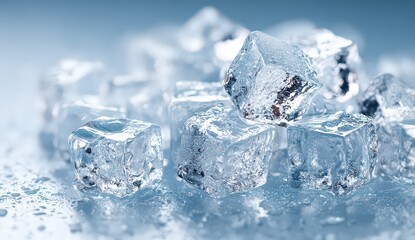 Obraz premium Close Up View of Frozen Ice Cubes with Blue Tones and Water Droplets
