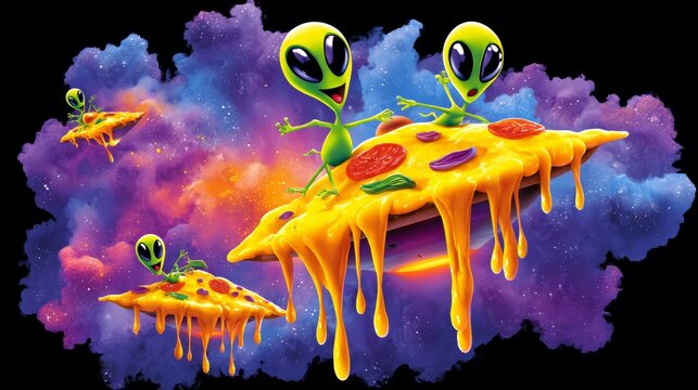Three aliens are riding on a pizza. The pizza is covered in cheese and has a lot of toppings
