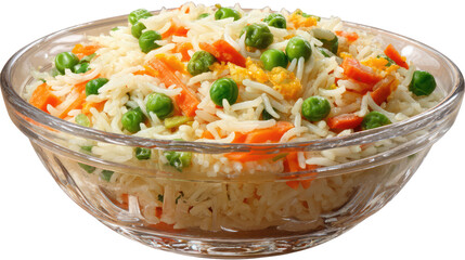 A clear bowl filled with rice carrots and peas on transparent background	

