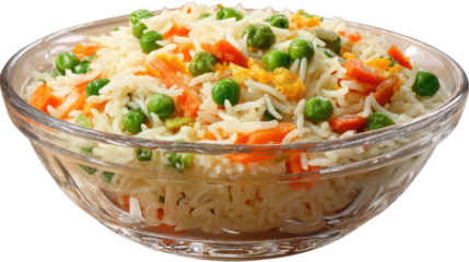 A clear bowl filled with rice carrots and peas on transparent background	
