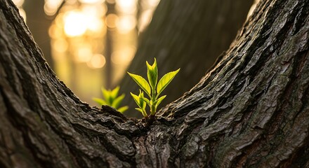 Close up of a tree branch with new green leaves and golden sunlight