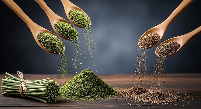 Dramatic Pour - Wooden Spoons Dispensing Dried Green Dill  Brown Spices onto Rustic Table with Fresh Herbs.