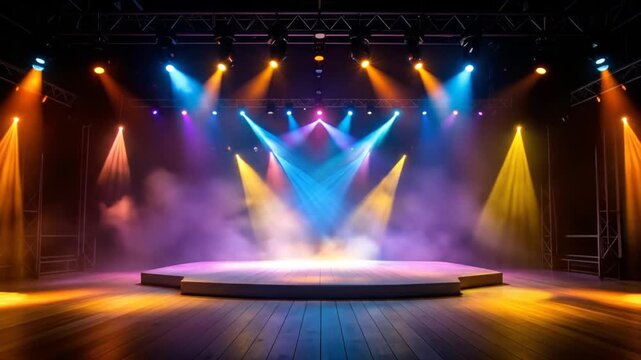 Empty Stage with Colorful Stage Lights and Smoke