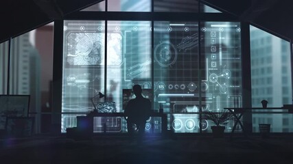 Working with a futuristic data processing interface in a modern office - Powered by Adobe