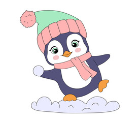 Cute cartoon penguin with snowball, baby animal in red hat and scarf, winter activity, flat illustration for kids, baby