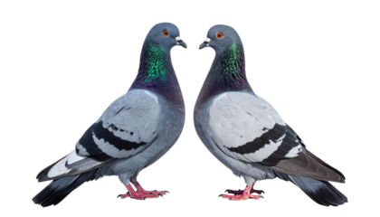 Pair of side-view pigeons in different poses isolated on transparent background