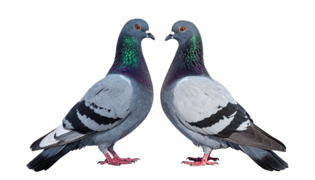 Pair of side-view pigeons in different poses isolated on transparent background
