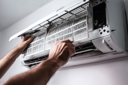 Person cleaning air conditioner filter with copy space
