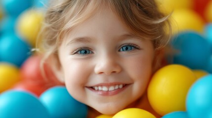 Obraz premium Cheerful young child with bright eyes immersed in a sea of colorful balls at an indoor play space. Laughter fills the air as joy radiates from the playful scene