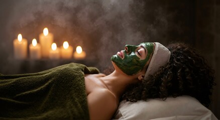 Woman with green face mask relaxing during beauty treatment. Spa skin care therapy with facial product steam and candle light. Wellness and self care concept.