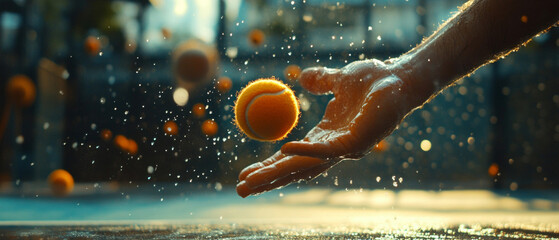 Hand with tennis ball in motion, water and light flying around: ideal for illustrations of sports training, outdoor activities, dynamics of movement.