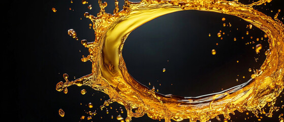 Golden splashes of oil on dark background - for product packaging design, advertising of cookery courses, design of websites about cookery.