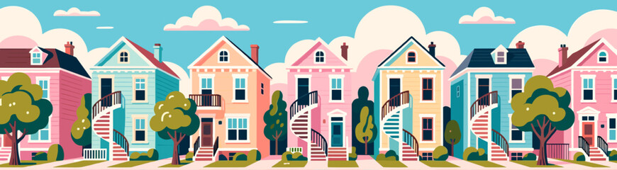 Retro row houses with trees and clouds in pastel colors