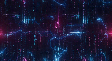 Illustration of abstract digital data stream with glowing blue and pink lights, representing technology, cyberspace, and artificial intelligence