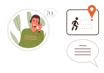 Smiling man with headset speaking, animated location pointer showing a path, and speech bubbles. Ideal for customer service, communication, navigation, assistance, 247 support, technology simple