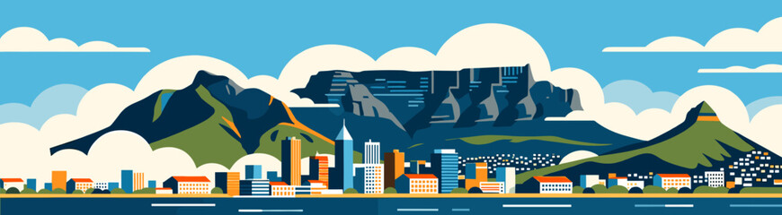 Cape Town cityscape art with Table Mountain and clouds