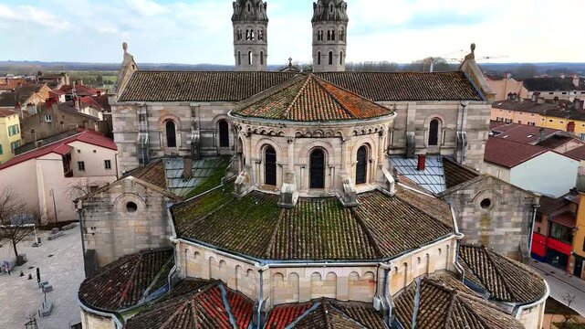 Church apse with twin spires in Macon France