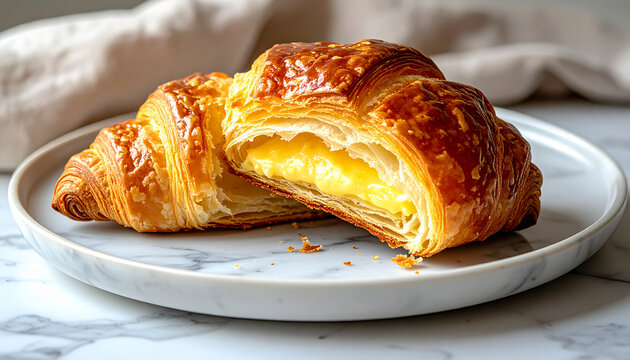Freshly baked croissant torn open, golden buttery layers, marble plate