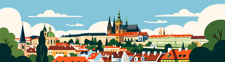 Prague panorama vector art with gothic rooftops