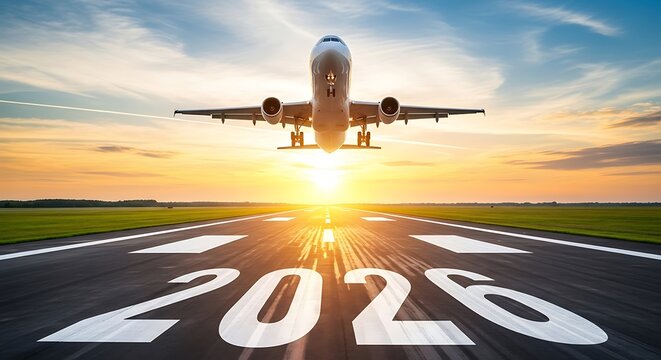 Commercial airplane taking off from a runway with the year 2026 painted on the tarmac at sunset