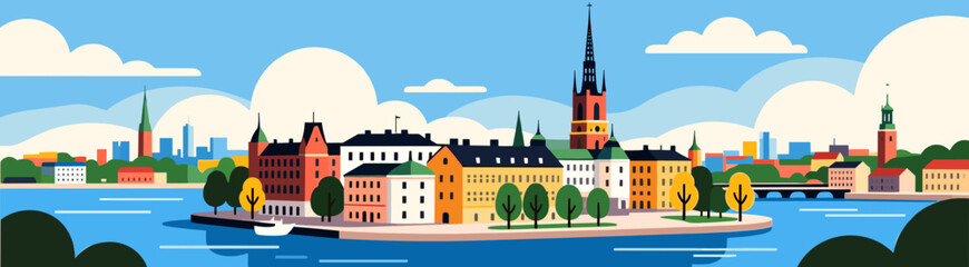 Stockholm cityscape vector with trees and clouds