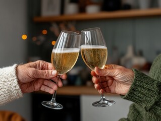 Elderly couple toasting with champagne glasses in kitchen