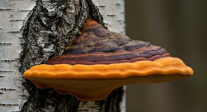 Close up of a vibrant bracket fungus growing on a birch tree trunk