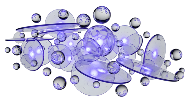 Cluster of Clear Purple Floating Bubbles and Discs on Transparent Background