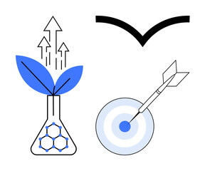 Plant in a beaker with growth arrows, upward curve and dart hitting target. Ideal for sustainability, innovation, success, strategy, research, improvement progress. Simple flat metaphor