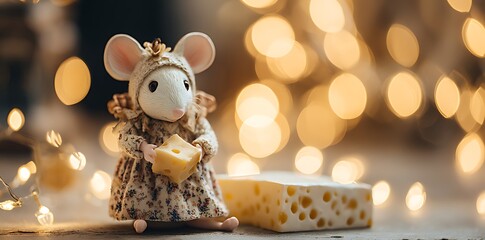 A charming mouse figure holds cheese with blurred lights in background