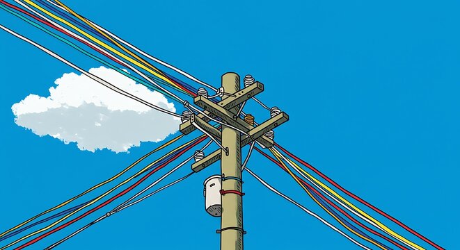 Cartoon illustration of a utility pole with overhead power lines