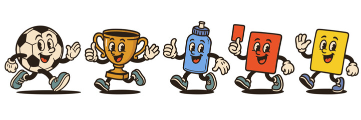 Vintage cartoon football mascot collection with soccer ball trophy red and yellow cards