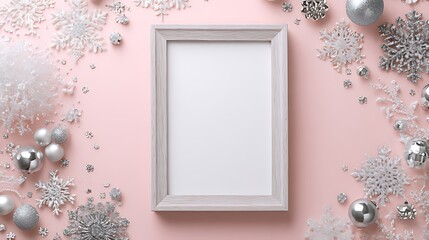 Empty picture frame surrounded by winter holiday decorations on pink background
