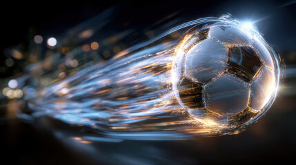 Naklejka premium High speed soccer ball flying through the air with glowing motion trails symbolizing energy, power