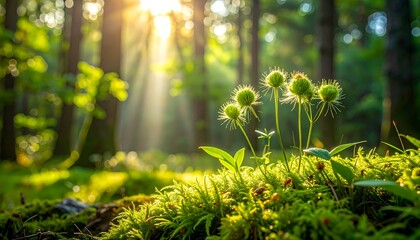 Obraz premium Sunlit woodland scene featuring moss, plants, and radiant rays