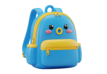 Cute blue cartoon bird shaped backpack for children isolated on transparent background