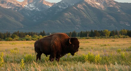 Bison grazing in meadow with mountains in background at golden hour