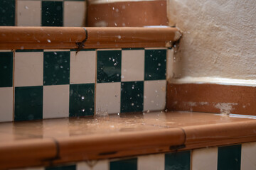 Rain falling stairs tiles tropical rainfall storm water splash