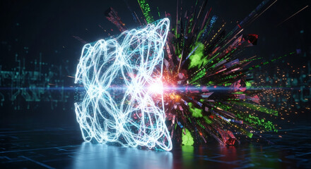 Abstract visualization of a high-energy digital collision between a structured light cube and a chaotic particle explosion