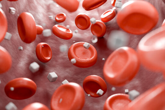 Close up of red blood cells with glucose sugar crystals in a blood vessel concept of hyperglycemia 3d render