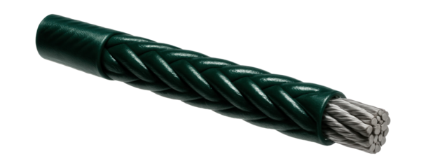 Vinyl-coated braided steel wire rope for outdoor construction use.