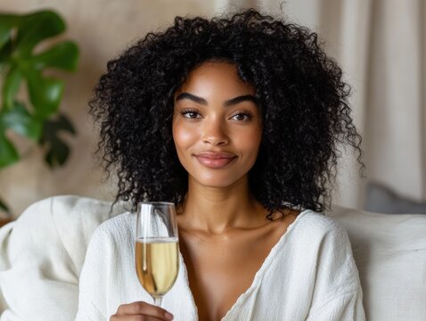 Happy woman enjoying champagne in serene living room - Powered by Adobe