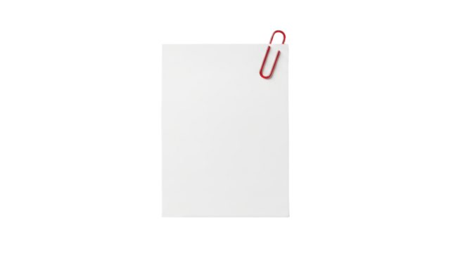 Blank white paper with red paperclip isolated on black background