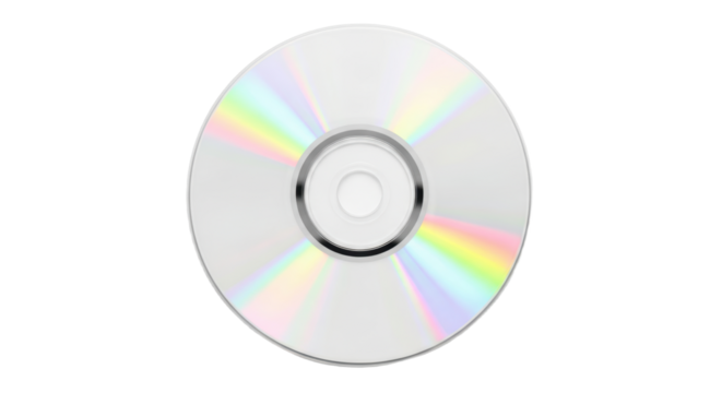 Shiny compact disc with rainbow reflection on white background