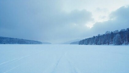 Frozen Lake Winter Landscape Stark Icy Expanse Under Bleak Sky, Perfect for Isolation, Nature, and Cold Weather Themes