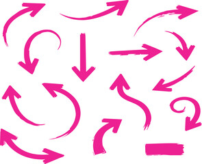 Collection of bright pink hand drawn arrows pointing in various directions on a white background